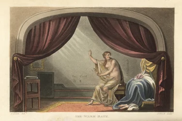 The Warm Bath: naked woman taking a bath behind curtains in a Regency room