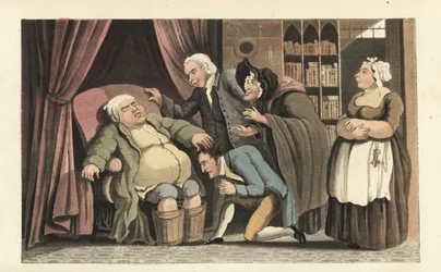 The Orphan Johnny Reunited with his Father, Dr. Syntax. The Old Man has his Feet in Buckets of Warm Water to Soothe the Gout. The Bookseller, Cook and Betty Broom Look On. Handcoloured Copperplate Engraving by Thomas Rowlandson from William Combe