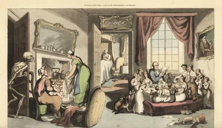 The Skeleton of Death Appears in the Living Room of a Large Family to Take a Child or Newborn Baby