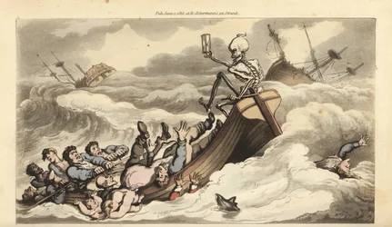 The skeleton of Death holds the rudder on a rowboat escaping a shipwreck, as its desperate crew row for the shore and passengers drown in the waves