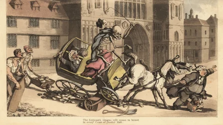 The Skeleton of Death in Cloak and Cap Drives a Two-Horse Carriage as it Crashes into Roadworks Killing His Passenger, a Court Officer