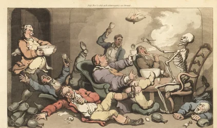 The skeleton of Death ladles punch into a glass of a Toastmaster with gout at a raucous Georgian drinking party