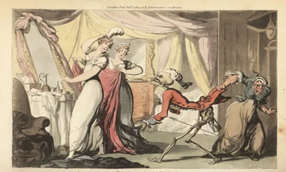 The Skeleton of Death with His Hourglass Comes for a Beautiful Coquette in Her Bedroom as She is Dressed for a Ball by Her Servants