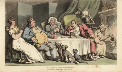 The Skeleton of Death with Hourglass Comes for the Sick Man as He Eats Gruel at the Dining Table with His Drinking Buddies in Front of the Fireplace