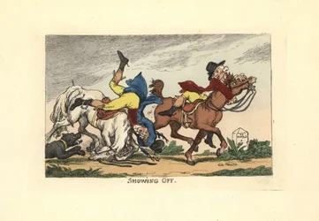Two Men Falling Off Their Horses After Showing Off