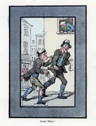 Two newspaper vendors with long whistles peddling newspapers in a London street. Wood engraving, based on a painting by Thomas Rowlandson