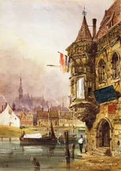 A Figure beside a Building, Ghent, with Barges on the River Leye beyond, 1833