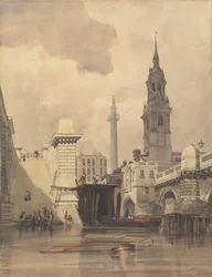 The Church of St. Magnus the Martyr, London Bridge, with the Monument in the Background