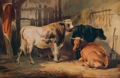 A Bull and Three Cows in a Stable, c. 1856