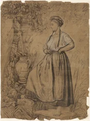 Standing Girl Filling a Jug with Water from a Well