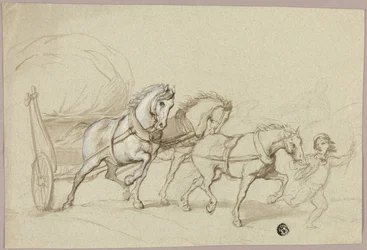 Child Leading Three Horses and Wagon