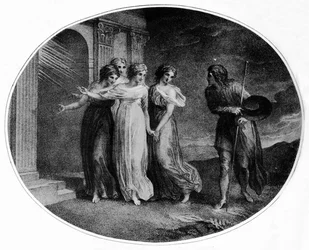 Prudence, Piety, Charity and Discretion inviting Christian into the Palace Beautiful