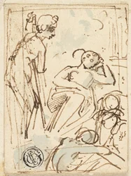 Sketch of Man Leaning on Staff, Looking at Sleeping Woman