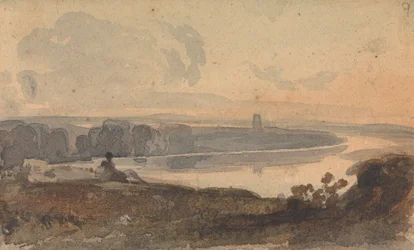 Landscape, with Winding River, Figure on Hill in Foreground