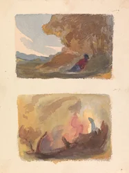Two Drawings on One Sheet: Landscape with Figure Reclining Against Hill; Landscape - Variety of Watercolor Washes
