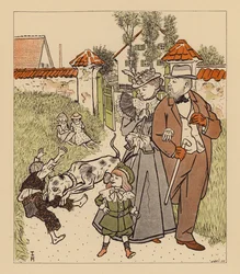 Family Out for a Walk Watching Their Dog Biting a Dirty Urchin on the Leg