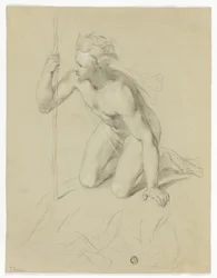 Nude Man Kneeling, Holding Staff; Alpine Panorama