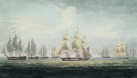 The naval manoeuvre of Sir Graham Moore, commander of the squadron of four frigates in the British Royal Navy, which captured a Spanish treasure fleet, off Cadiz, Spain, on October 5