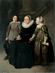 Portrait of a Lady, Full Length, Seated, in a Black Dress with White Ruff and Cap, Holding a Handkerchief, with Her Son in a Grey Doublet and Her Daughter in a Green Dress, 1635