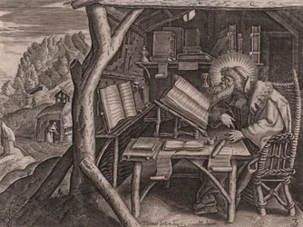 Saint Evagrius Ponticus immersed in his studies (etching and burin by Thomas de Lieu)