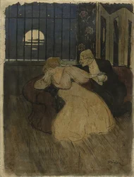 Gentleman in Coat Trying to Persuade a Hesitant Lady on a Sofa