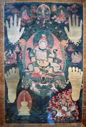 Gnya-Khri btsan-Po, legendary first king of Tibet, reincarnation of bodhisattva Avalokitesvara, one of the temporal and spiritual leaders of Tibet, painting on canvas, Tibetan civilization