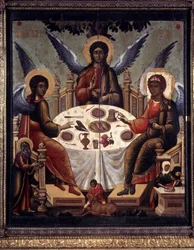 The Hospitality of Abraham. Abraham Serving the Lamb to the Three Angels. Painting by Tichon Filatyev (active c.1675-1697)