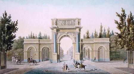 Porte de Guillaume, Brussels, from Choix des Monuments, Edifices et Maisons les plus remarquables du Royaume des Pays-Bas by Pierre Jacques Goetghebuer, engraved by the author, published 1827
