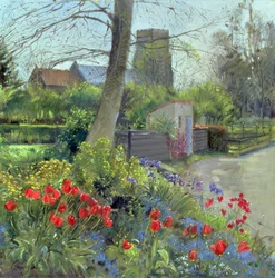 Red Tulips and Bedfield Church