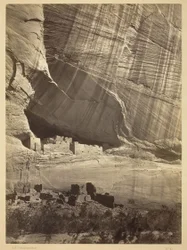 Ancient Ruins in the Canyon de Chelly, N.M. In a niche 50 feet above present Canyon bed.