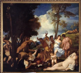 Arrival of Bacchus on Andros Island. Image depicting Fete of satires and bacchantes in honor of the divinity Bacchus. Painting by Tiziano Vecellio called the Titian