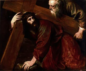 Christ and Simon of Cyrene - Simon of Cyrene helps Jesus carry his cross. Painting by Tiziano Vecellio, called Titian (1485-1576)