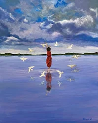 Woman and Flying Birds