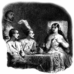 A young woman and three men standing in front of glasses of wine (detail)
