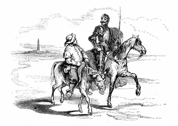 Don Quixote rides on his horse Rossinante with his squire Sancho Panza on his donkey. Illustration of Cervantes