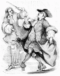The Bourgeois Gentleman, Mr. Jourdain Dances Under the Direction of His Music Master. Engraving by Tony Johannot in the Edition of the Complete Works, Paulin 1836