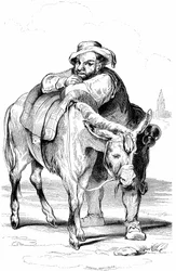 Sancho Panza, squire of Don Quixote and his donkey. Illustration of Cervantes