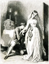 Sighing lover knees at the feet of his beautiful engagement in a candle-light interior - girl in romantic dress and hairstyle - engraving by Tony Johannot