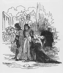Soldiers dragging away a female prisoner, illustration to 