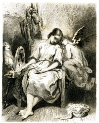 Young woman (spinner) sleeping by her wheel - an angel leans over her shoulder - sleep - dream - reverie - love
