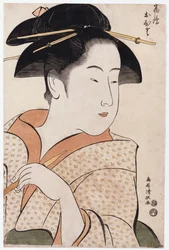 A bust portrait of Ohisa of the Takashimaya holding a tobacco pipe