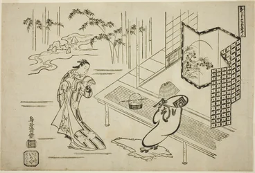 The Actors Nakamura Takesaburo I as Kewaizaka no Shosho and Ichikawa Danjuro II as Soga no Goro dressed as a komuso in the play 