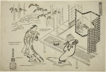 The Actors Nakamura Takesaburo I as Kewaizaka no Shosho and Ichikawa Danjuro II as Soga no Goro dressed as a komuso in the play 