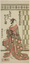 The Actor Arashi Sankatsu as Kanamuraya Osan in the play "Soga Hiiki Nihon Sakura," performed at the Nakamura Theater in March 1762