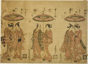 Three Couples Sharing Umbrellas