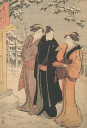 Man in a Black Haori Coat and Two Women Approaching a Temple