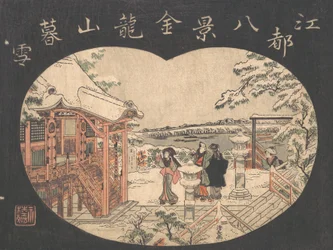 Snow Scene with Figures Outside a Temple