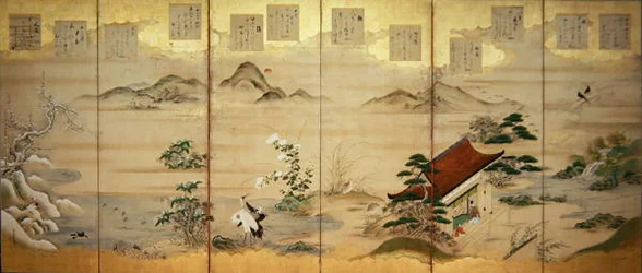 Six panel screen with birds and flowers of the twelve months