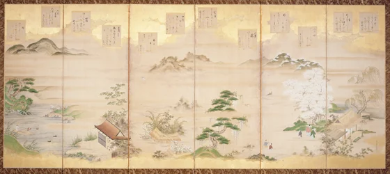 Six panel screen with birds and flowers of the twelve months