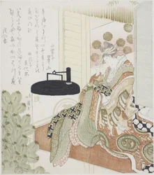 Courtesan sitting on a veranda next to a lantern